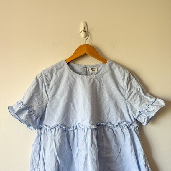 Aritzia Sunday Best Tybee Ruffle Trim Cotton Short Sleeve Dress Blue Size Medium - Picture 5 of 8